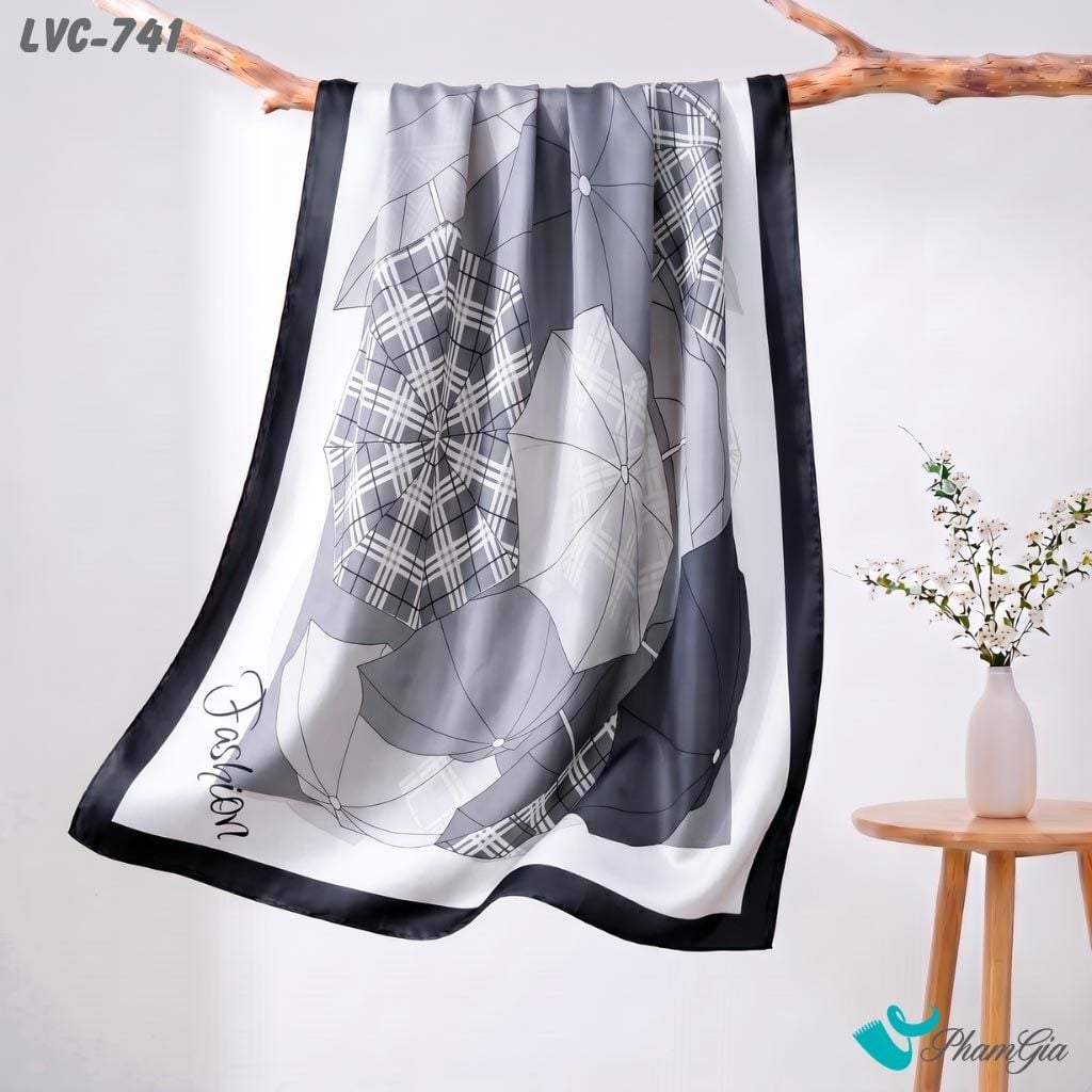 Khăn Choàng Lụa Vân Châu Họa Tiết Ô Cổ Điển Màu Xám Thanh Lịch (LVC741)