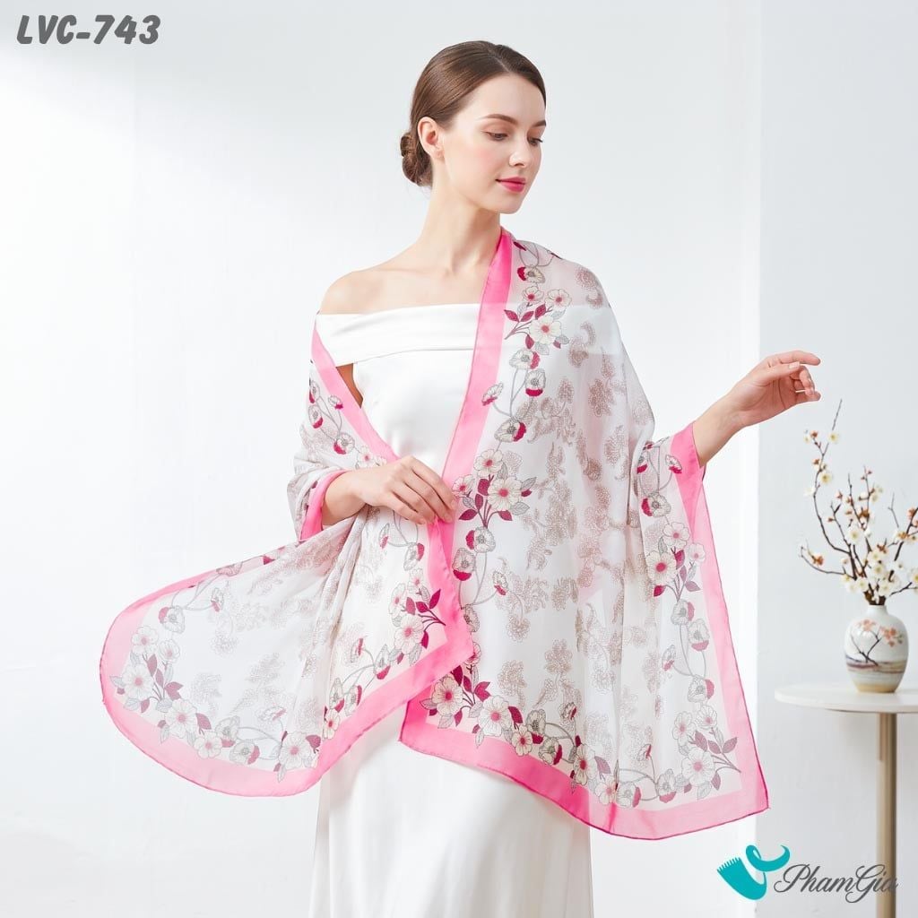 Khăn Choàng Lụa Vân Châu Họa Tiết Viền Hoa Tường Vi Màu Hồng Dâu Trang Nhã (LVC743)