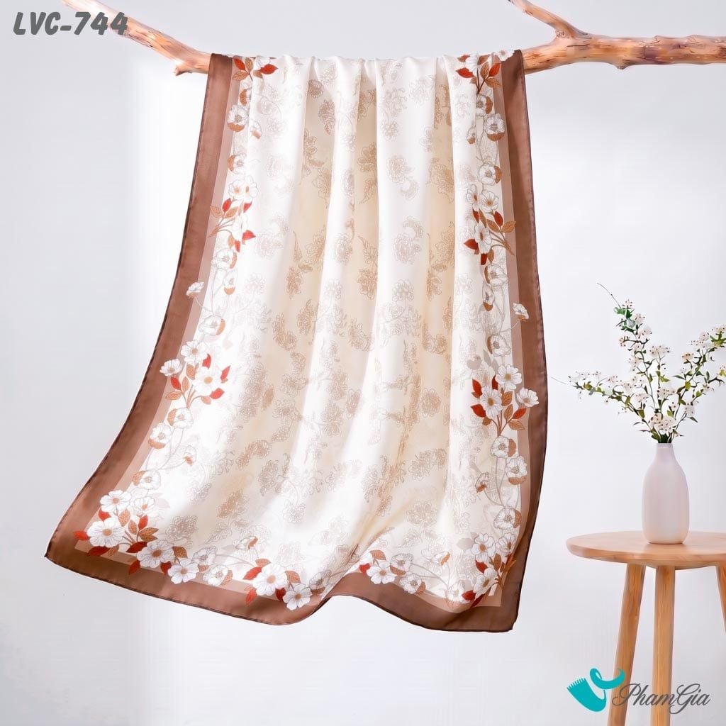 Khăn Choàng Lụa Vân Châu Họa Tiết Viền Hoa Tường Vi Màu Nâu Tây Trang Nhã (LVC744)
