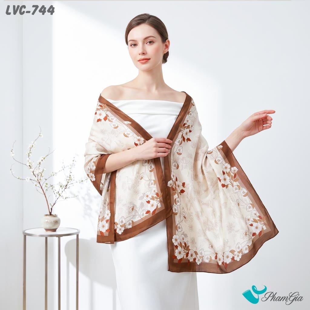 Khăn Choàng Lụa Vân Châu Họa Tiết Viền Hoa Tường Vi Màu Nâu Tây Trang Nhã (LVC744)