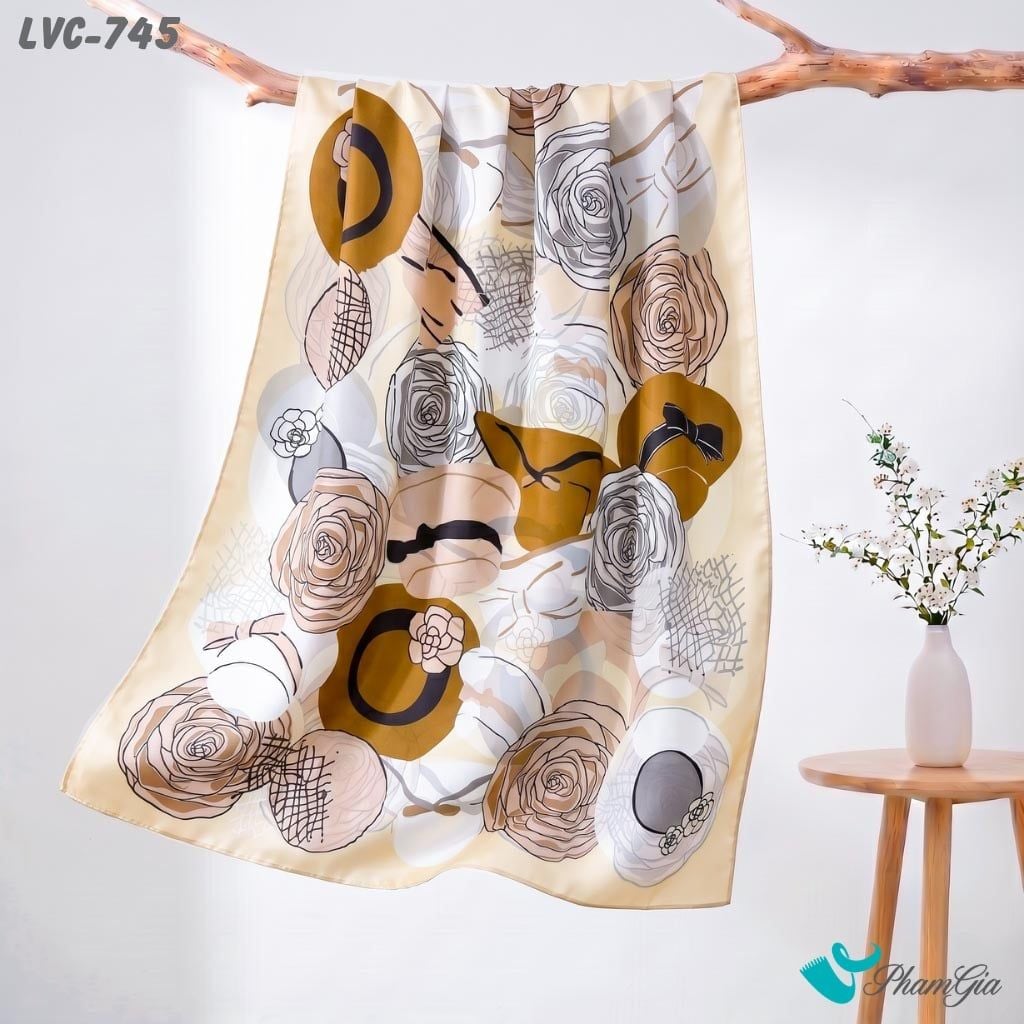 Khăn Choàng Lụa Vân Châu Họa Tiết Nón Và Hoa Nghệ Thuật Màu Kem Vanilla Cổ Điển (LVC745)