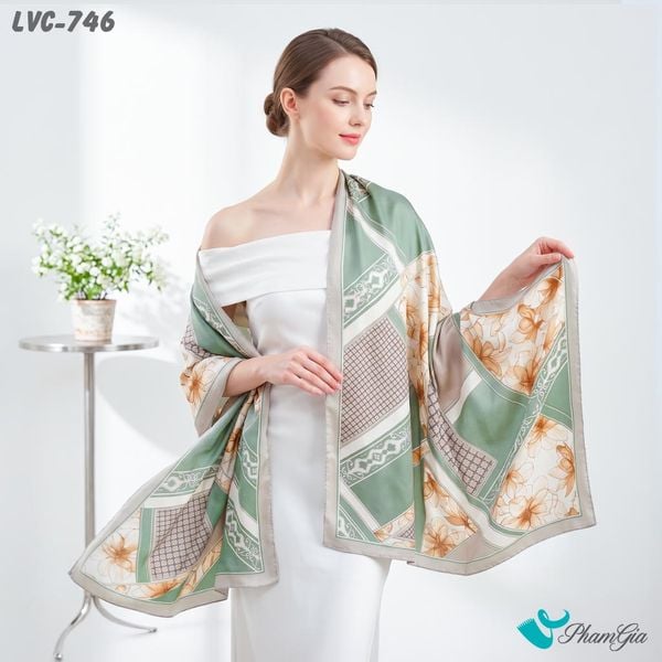 Khăn Choàng Lụa Vân Châu Họa Tiết Hoa Lily Phối Hình Học Màu Xanh Bạc Hà Tinh Tế (LVC746)