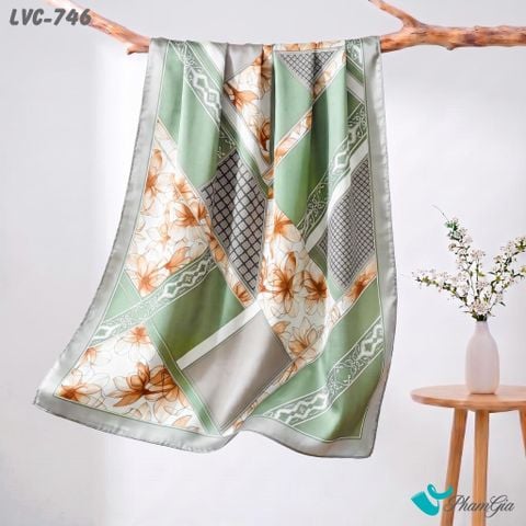 Khăn Choàng Lụa Vân Châu Họa Tiết Hoa Lily Phối Hình Học Màu Xanh Bạc Hà Tinh Tế (LVC746)
