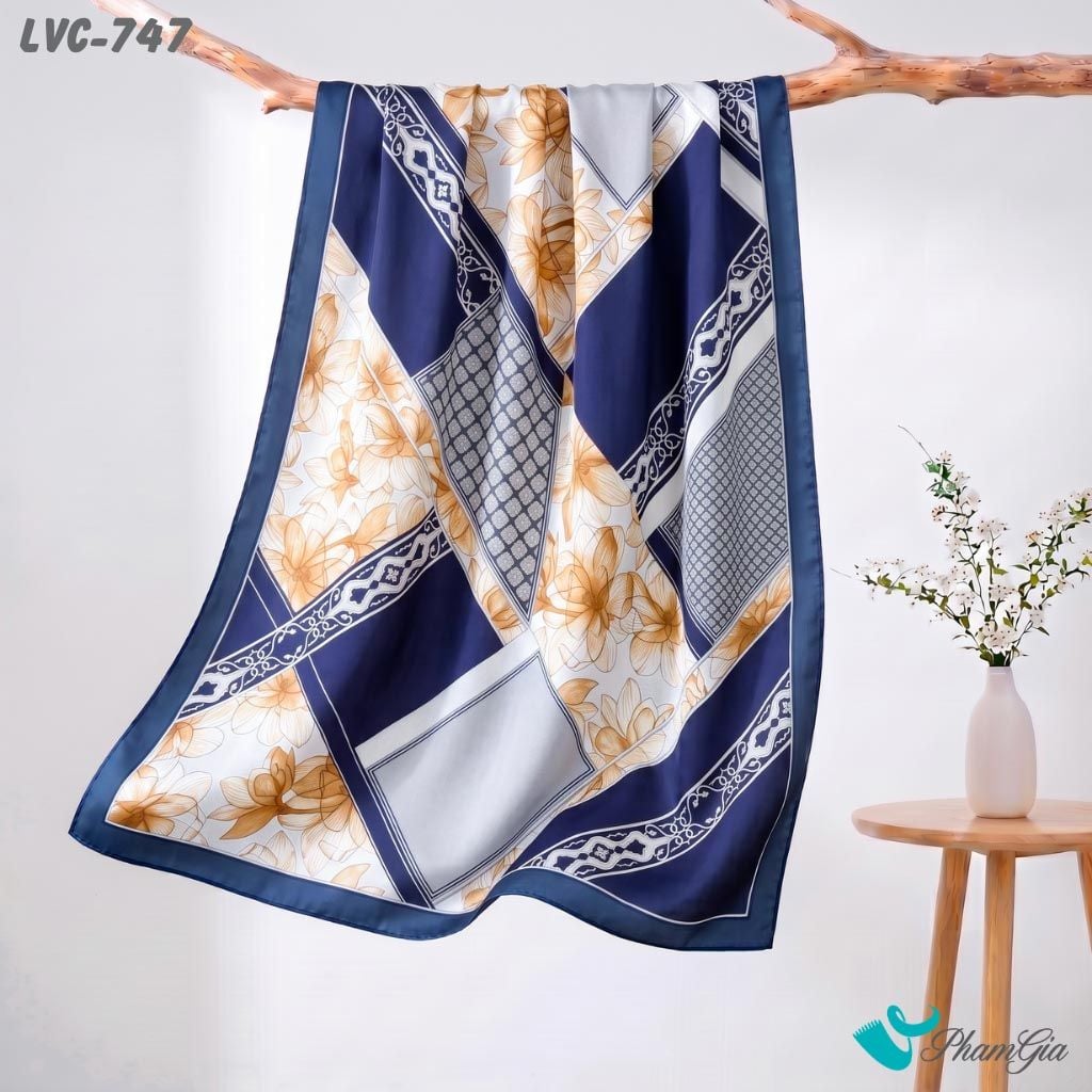 Khăn Choàng Lụa Vân Châu Họa Tiết Hoa Lily Phối Hình Học Màu Xanh Navy Tinh Tế (LVC747)