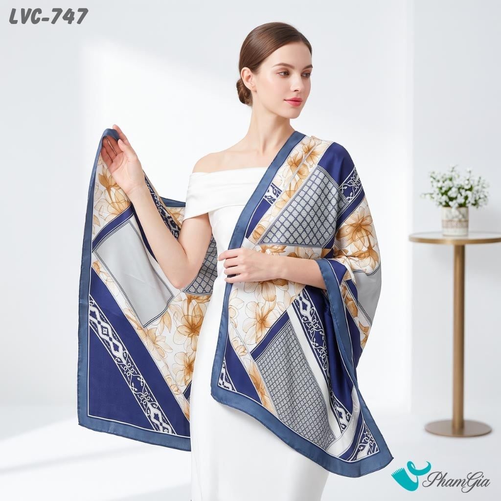 Khăn Choàng Lụa Vân Châu Họa Tiết Hoa Lily Phối Hình Học Màu Xanh Navy Tinh Tế (LVC747)