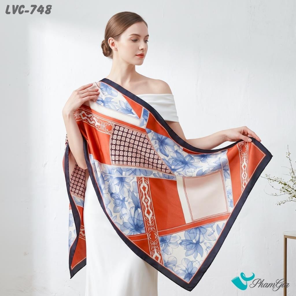 Khăn Choàng Lụa Vân Châu Họa Tiết Hoa Lily Phối Hình Học Màu Cam Cháy Tinh Tế (LVC748)