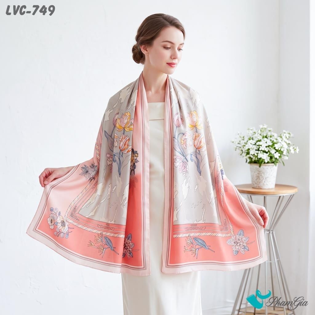 Khăn Choàng Lụa Vân Châu Họa Tiết Hoa Phối Viền Màu Hồng Dâu Thanh Lịch (LVC749)