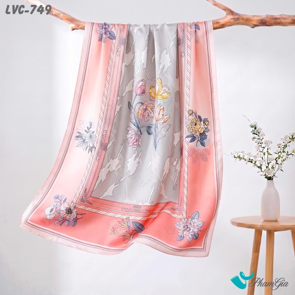 Khăn Choàng Lụa Vân Châu Họa Tiết Hoa Phối Viền Màu Hồng Dâu Thanh Lịch (LVC749)