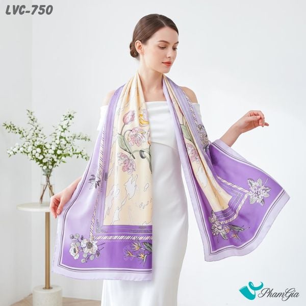 Khăn Choàng Lụa Vân Châu Họa Tiết Hoa Phối Viền Màu Tím Lavender Thanh Lịch (LVC750)