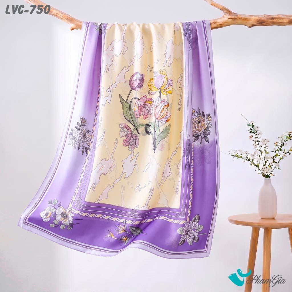 Khăn Choàng Lụa Vân Châu Họa Tiết Hoa Phối Viền Màu Tím Lavender Thanh Lịch (LVC750)