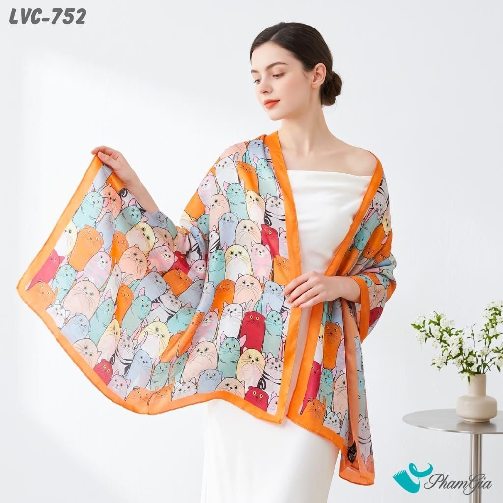 Khăn Choàng Lụa Vân Châu Họa Tiết Mèo Sắc Màu Phối Viền Màu Cam Cá Tính (LVC752)