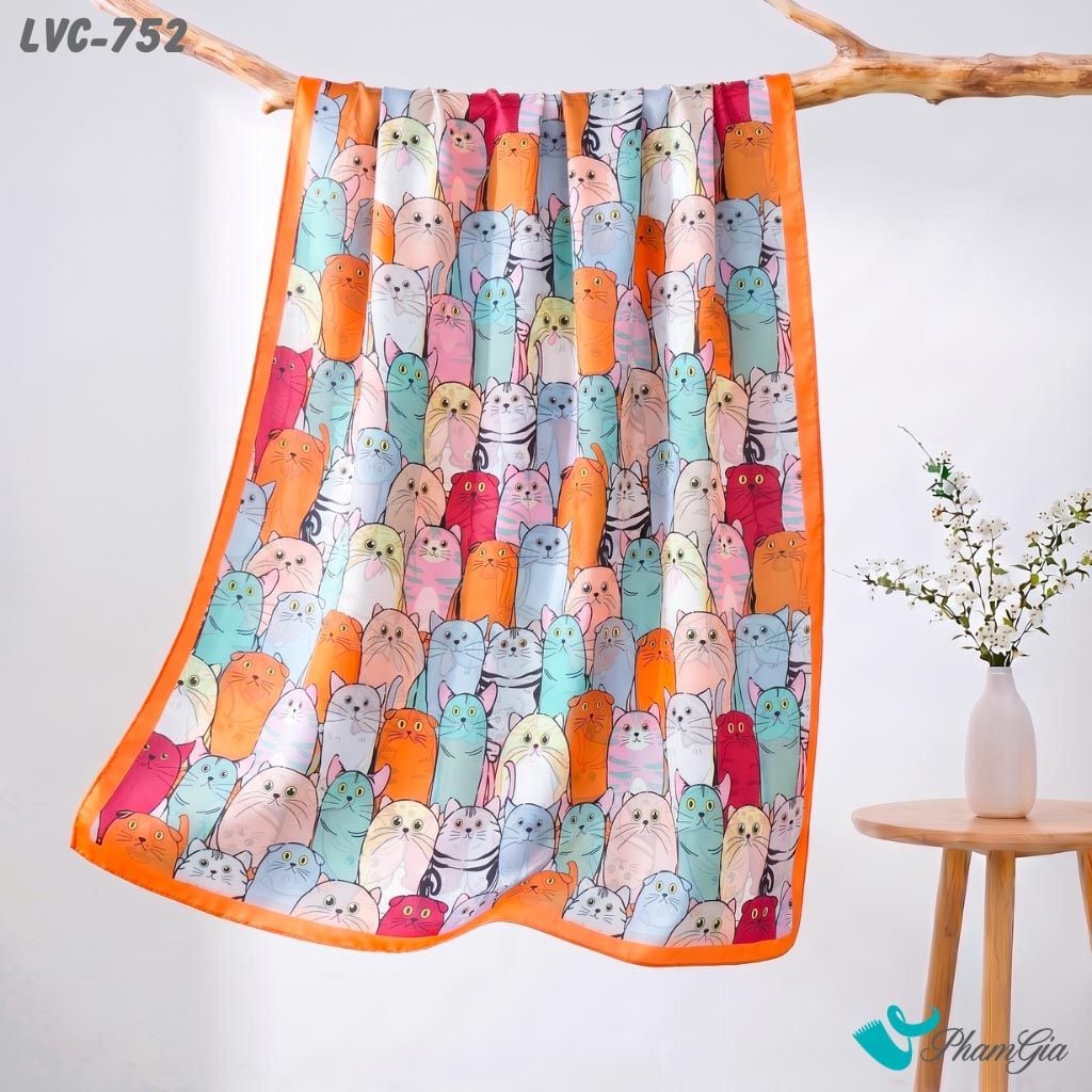 Khăn Choàng Lụa Vân Châu Họa Tiết Mèo Sắc Màu Phối Viền Màu Cam Cá Tính (LVC752)
