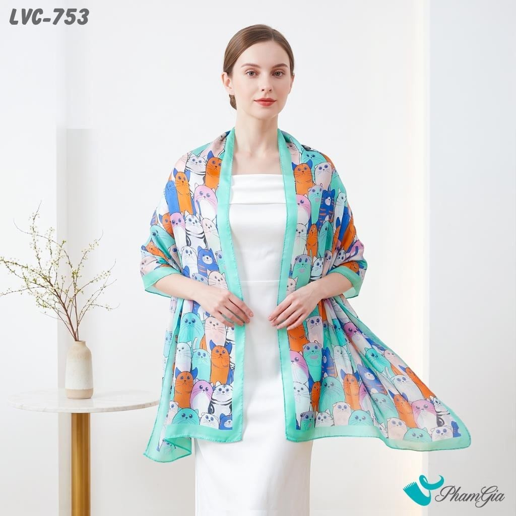 Khăn Choàng Lụa Vân Châu Họa Tiết Mèo Sắc Màu Phối Viền Màu Xanh Mint Cá Tính (LVC753)