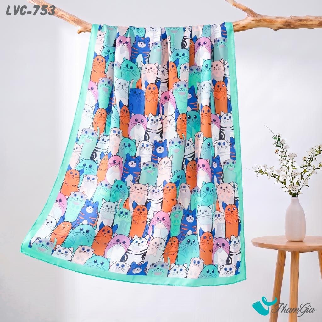 Khăn Choàng Lụa Vân Châu Họa Tiết Mèo Sắc Màu Phối Viền Màu Xanh Mint Cá Tính (LVC753)