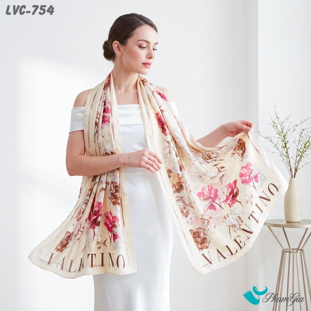 Khăn Choàng Lụa Vân Châu Họa Tiết Hoa Mẫu Đơn Màu Kem Trang Nhã (LVC754)