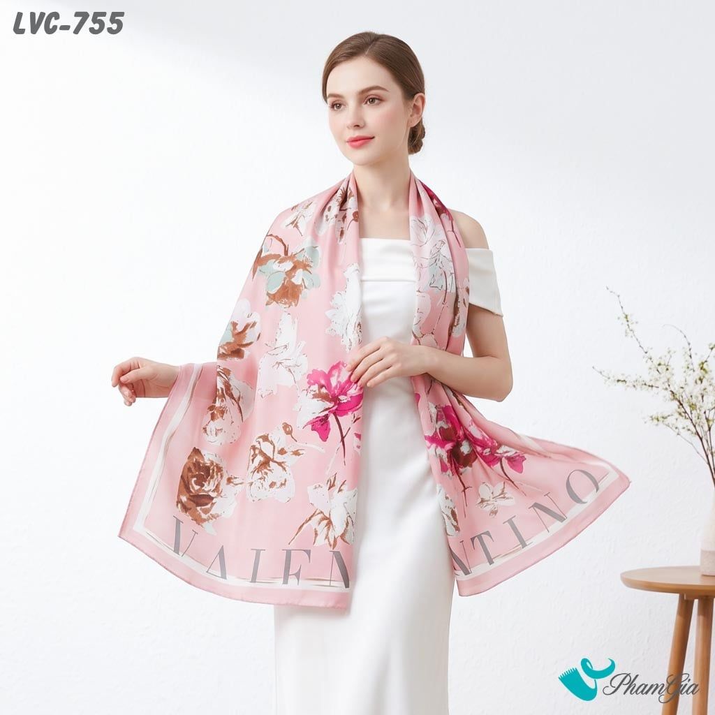 Khăn Choàng Lụa Vân Châu Họa Tiết Hoa Mẫu Đơn Màu Hồng Pastel Trang Nhã (LVC755)