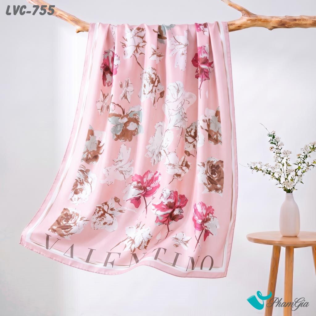 Khăn Choàng Lụa Vân Châu Họa Tiết Hoa Mẫu Đơn Màu Hồng Pastel Trang Nhã (LVC755)