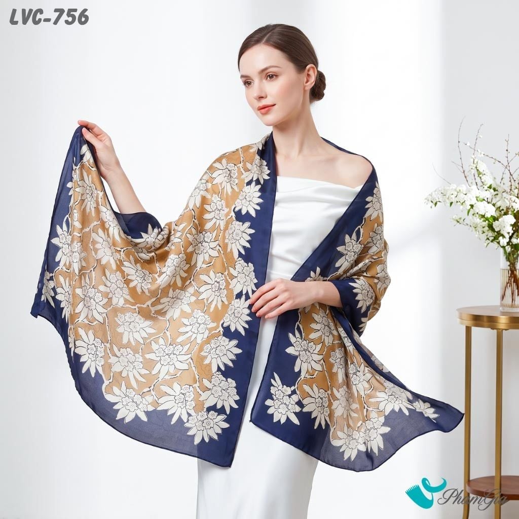Khăn Choàng Lụa Vân Châu Họa Tiết Hoa Cúc Tây Màu Nâu Phối Viền Xanh Navy Tinh Tế (LVC756)
