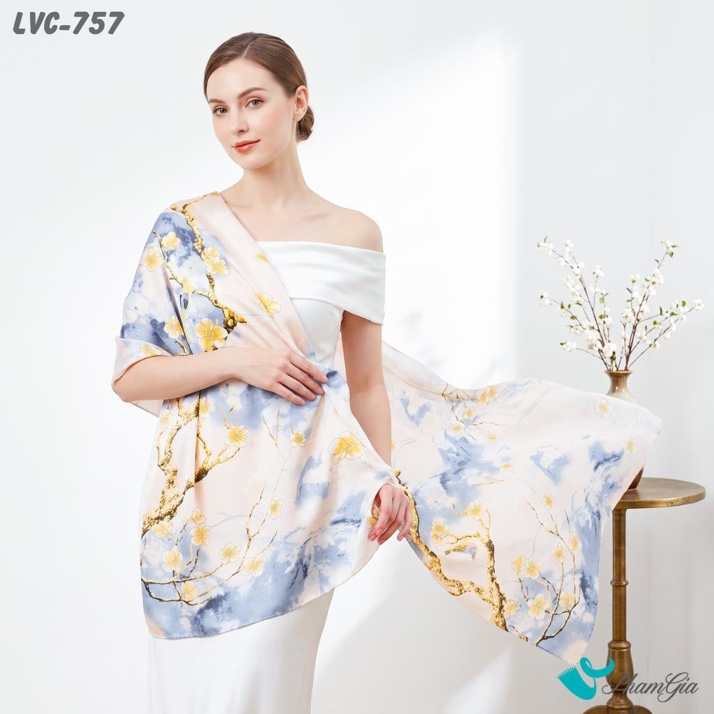 Khăn Choàng Lụa Vân Châu Họa Tiết Hoa Đào Vàng Phối Màu Hồng Kem Trang Nhã (LVC757)