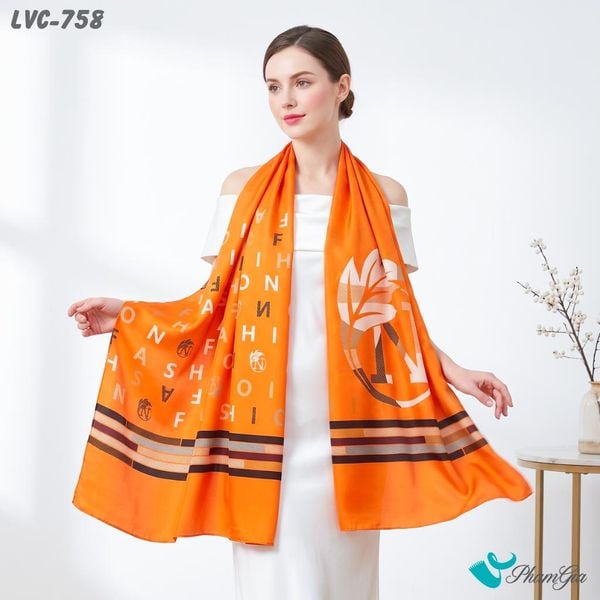 Khăn Choàng Lụa Vân Châu Họa Tiết Chữ Cách Điệu Phối Nền Màu Cam Cá Tính (LVC758)