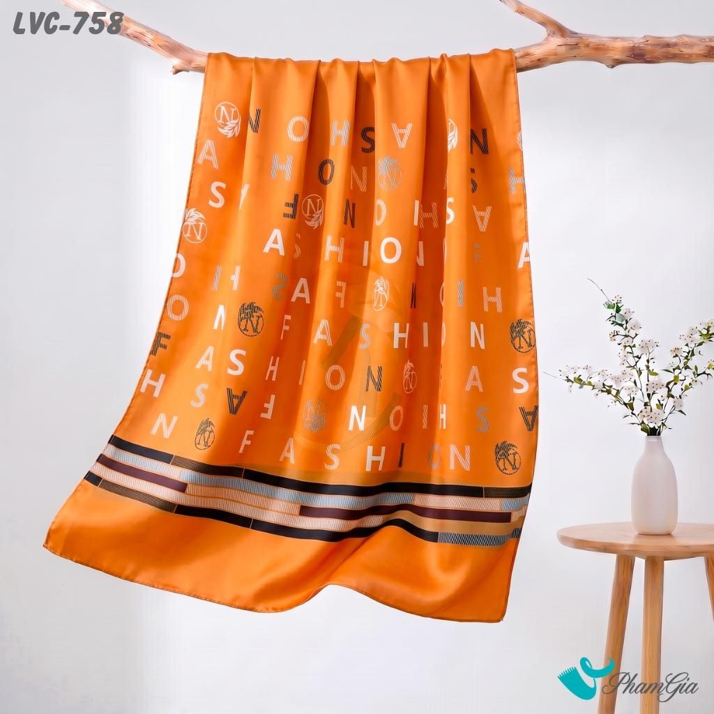 Khăn Choàng Lụa Vân Châu Họa Tiết Chữ Cách Điệu Phối Nền Màu Cam Cá Tính (LVC758)