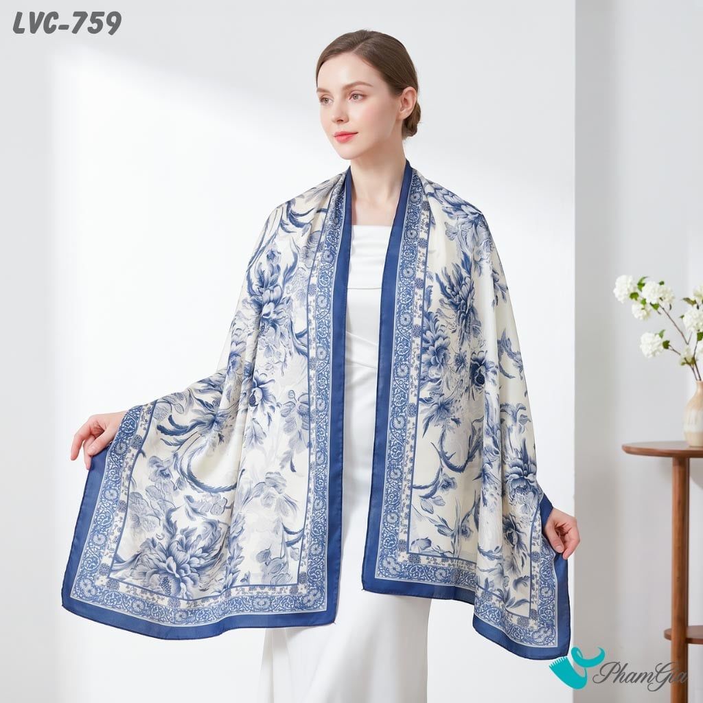 Khăn Choàng Lụa Vân Châu Họa Tiết Hoa Gốm Sứ Màu Xanh Coban Trang Nhã (LVC759)