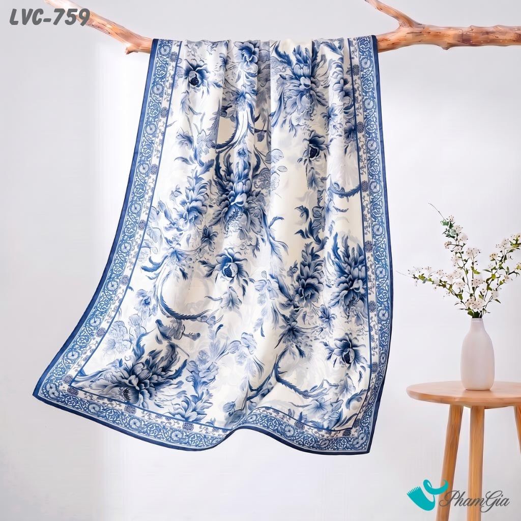 Khăn Choàng Lụa Vân Châu Họa Tiết Hoa Gốm Sứ Màu Xanh Coban Trang Nhã (LVC759)