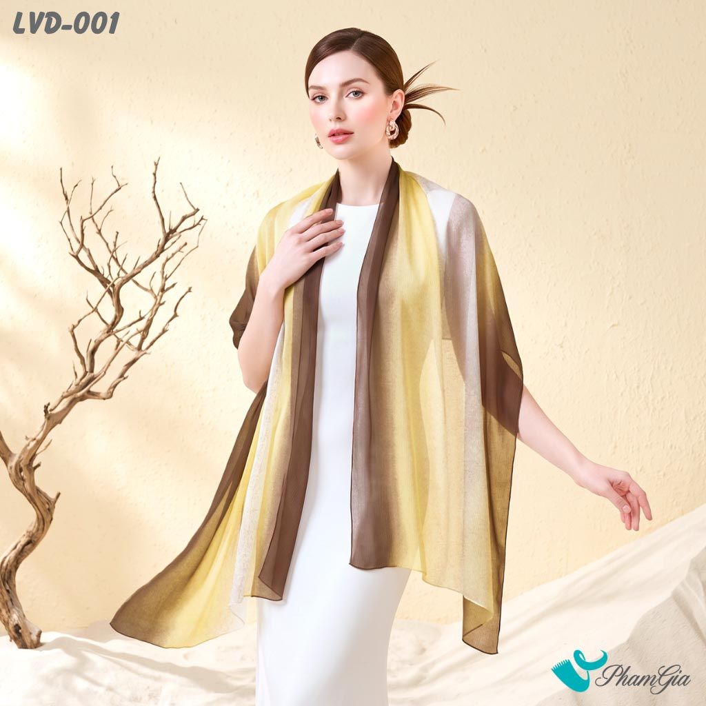 Khăn Choàng Lụa Gân Vân Du Ombre Phối Màu Vàng Nâu Sang Trọng (LVD001)