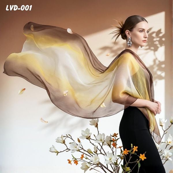 Khăn Choàng Lụa Vân Du Ombre Phối Màu Vàng Nâu Sang Trọng (LVD001)