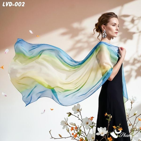 Khăn Choàng Lụa Vân Du Ombre Phối Màu Xanh Dương - Xanh Bơ Thanh Lịch (LVD002)