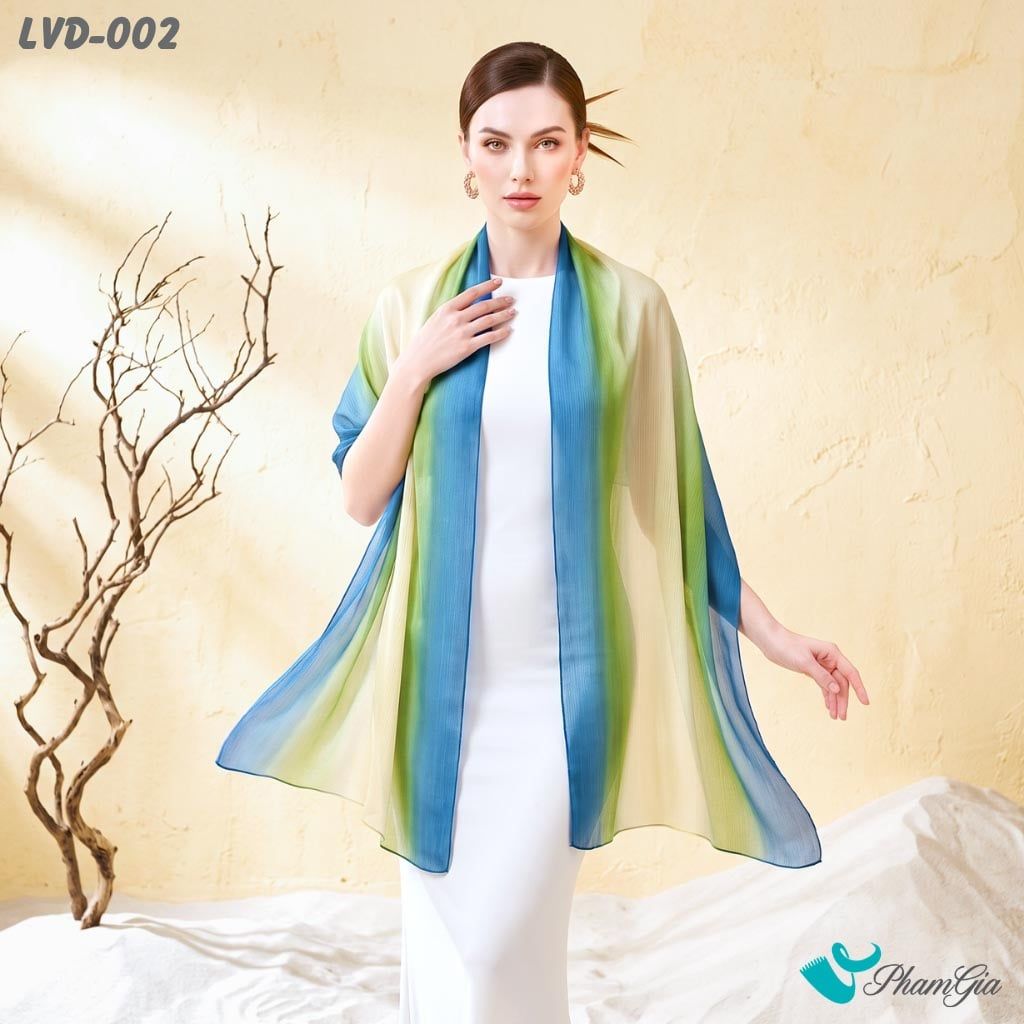 Khăn Choàng Lụa Gân Vân Du Ombre Phối Màu Xanh Dương - Xanh Bơ Thanh Lịch (LVD002)