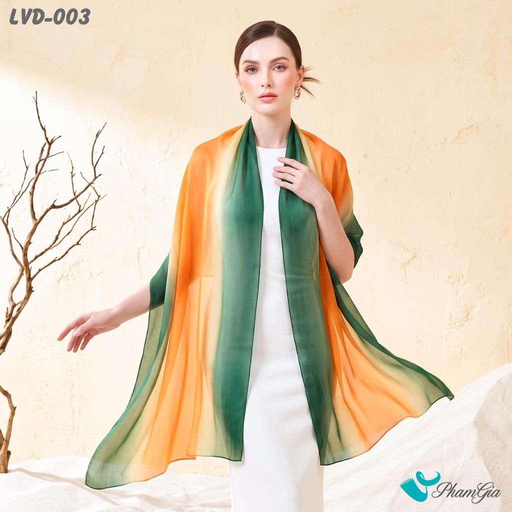 Khăn Choàng Lụa Gân Vân Du Ombre Phối Màu Cam - Xanh Rêu Thanh Lịch (LVD003)