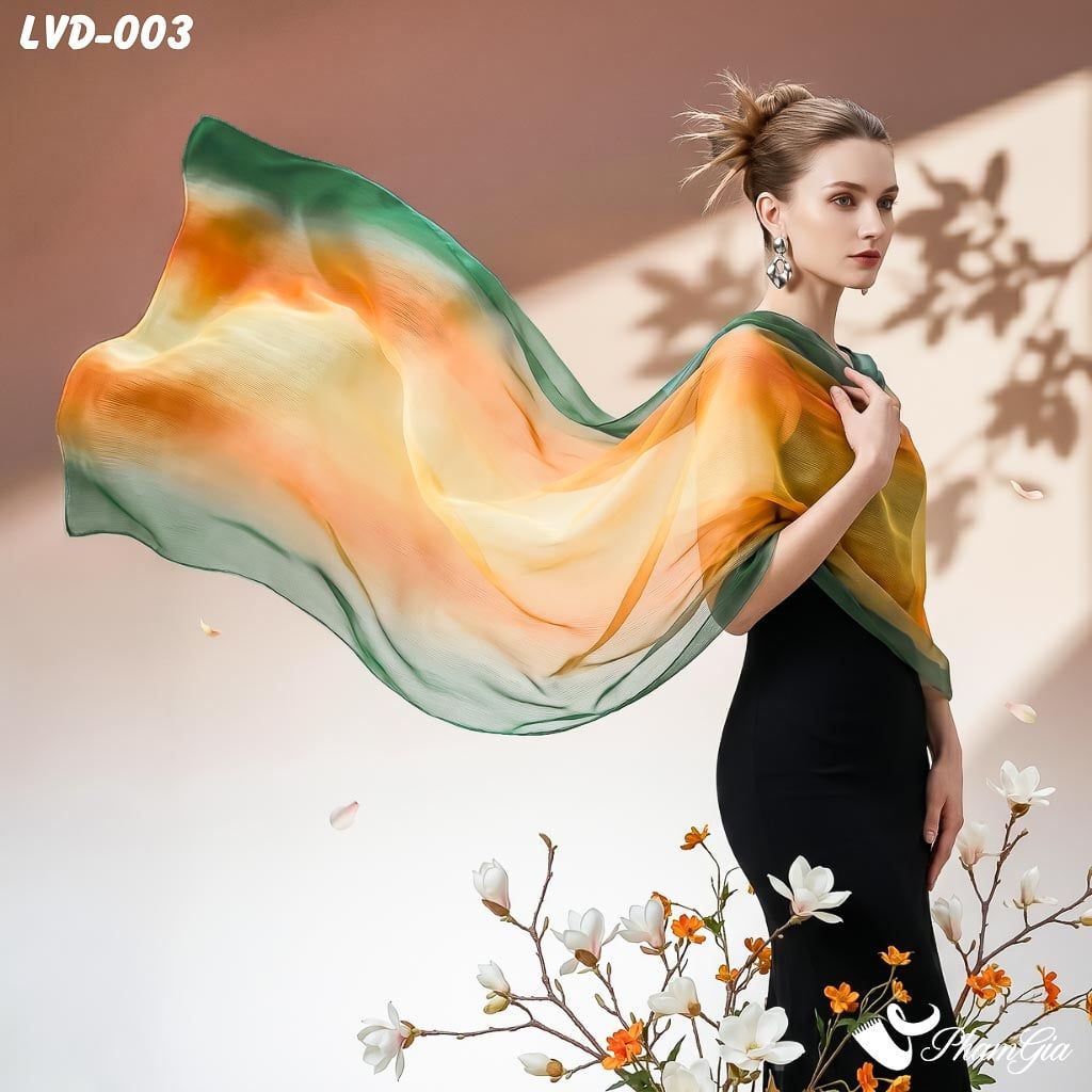 Khăn Choàng Lụa Gân Vân Du Ombre Phối Màu Cam - Xanh Rêu Thanh Lịch (LVD003)