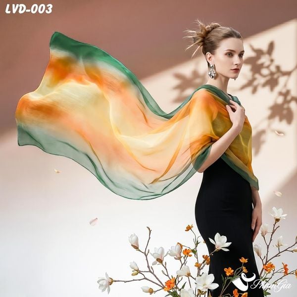 Khăn Choàng Lụa Vân Du Ombre Phối Màu Cam - Xanh Rêu Thanh Lịch (LVD003)
