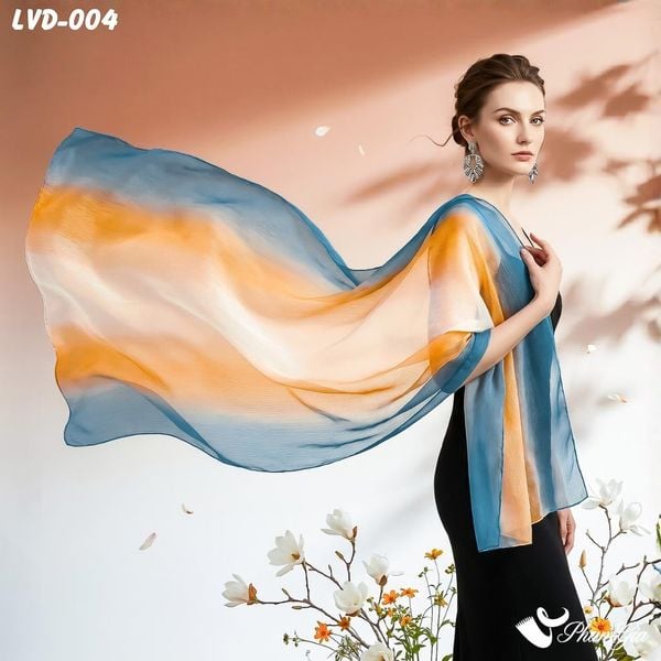 Khăn Choàng Lụa Vân Du Ombre Phối Màu Cam - Xanh Navy Trang Nhã (LVD004)