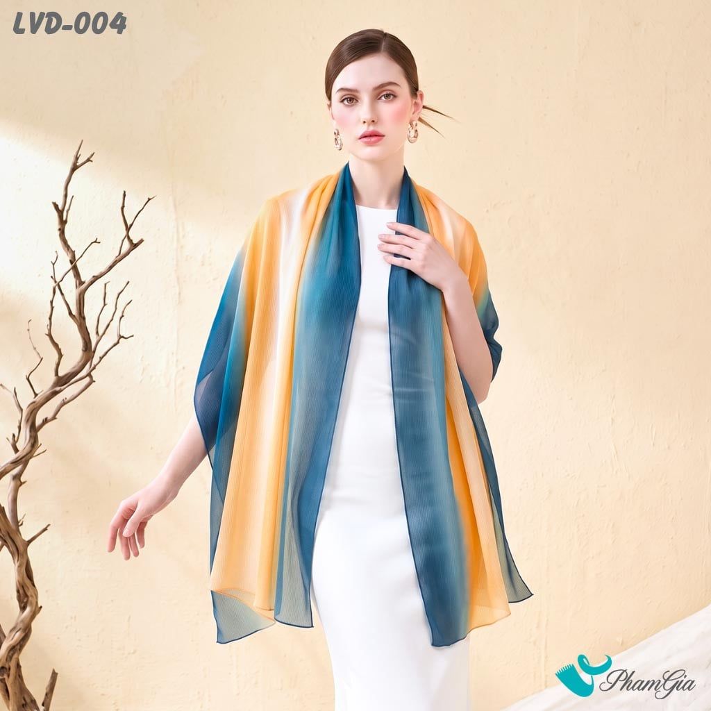 Khăn Choàng Lụa Gân Vân Du Ombre Phối Màu Cam - Xanh Navy Trang Nhã (LVD004)
