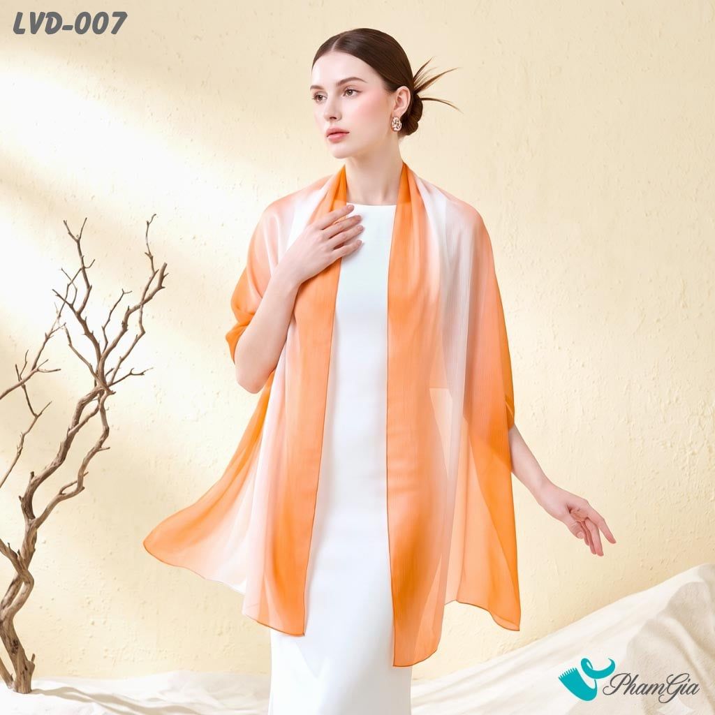 Khăn Choàng Lụa Gân Vân Du Ombre Phối Màu Trắng - Cam Thanh Lịch (LVD007)
