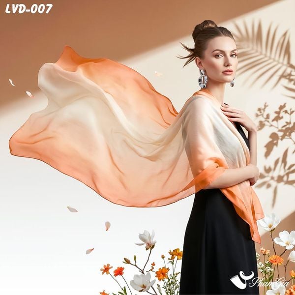 Khăn Choàng Lụa Vân Du Ombre Phối Màu Trắng - Cam Thanh Lịch (LVD007)