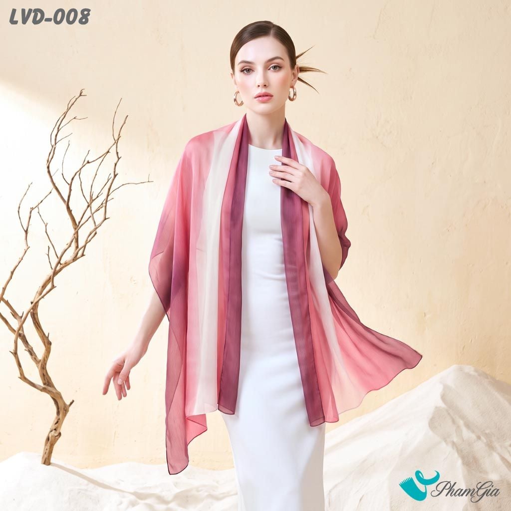 Khăn Choàng Lụa Gân Vân Du Ombre Phối Màu Đỏ Đô - Trắng Sang Trọng (LVD008)