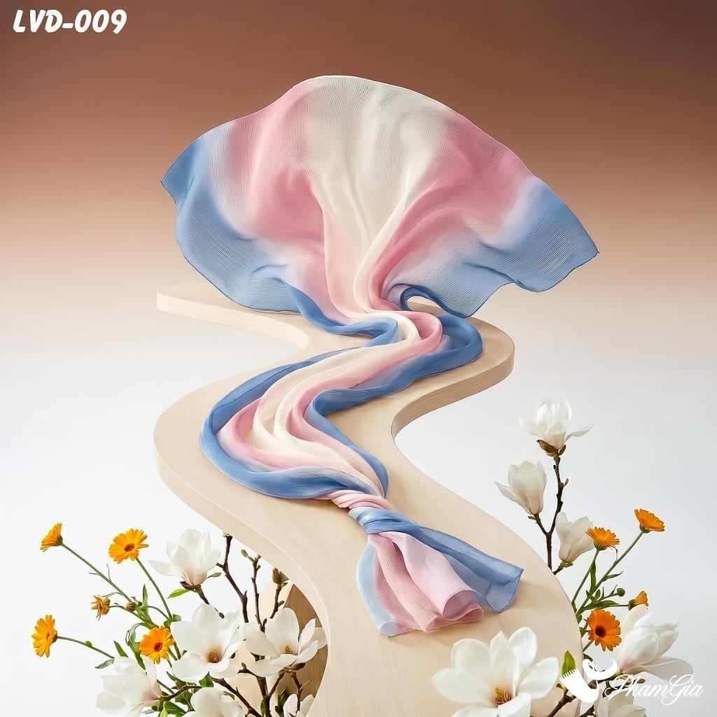 Khăn Choàng Lụa Gân Vân Du Ombre Phối Màu Hồng- Trắng - Xanh Thanh Lịch (LVD009)