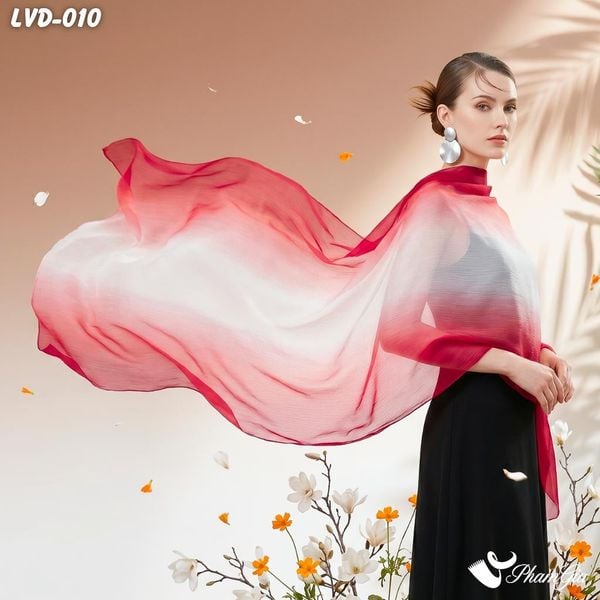Khăn Choàng Lụa Vân Du Ombre Phối Màu Đỏ Rose - Trắng Sang Trọng (LVD010)