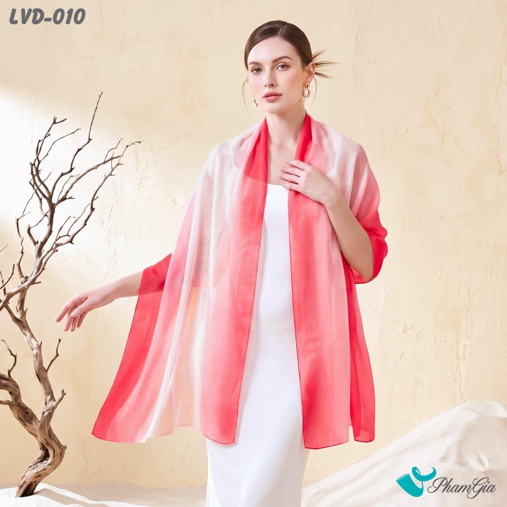 Khăn Choàng Lụa Vân Du Ombre Phối Màu Đỏ Rose - Trắng Sang Trọng (LVD010)
