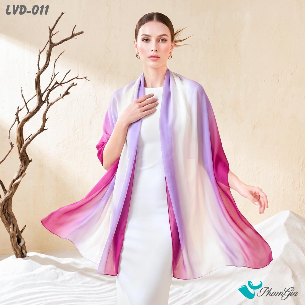 Khăn Choàng Lụa Vân Du Ombre Phối Màu Đỏ Tím - Trắng Thanh Lịch (LVD011)