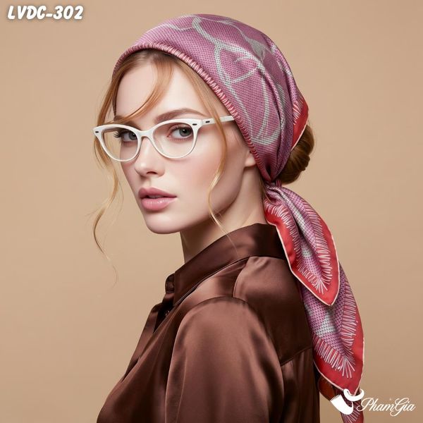 Khăn Lụa Vuông Đường Châu 88*88Cm 2 Mặt Cao Cấp Họa Tiết Hoa Trà Màu Xanh Than Cổ Điển (LVDC302)