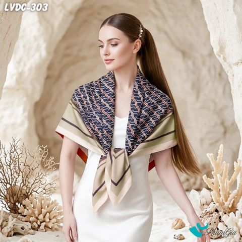 Khăn Lụa Vuông Đường Châu 88*88Cm 2 Mặt Cao Cấp Họa Tiết Monogram Màu Nâu Champagne Sang Trọng (LVDC303)