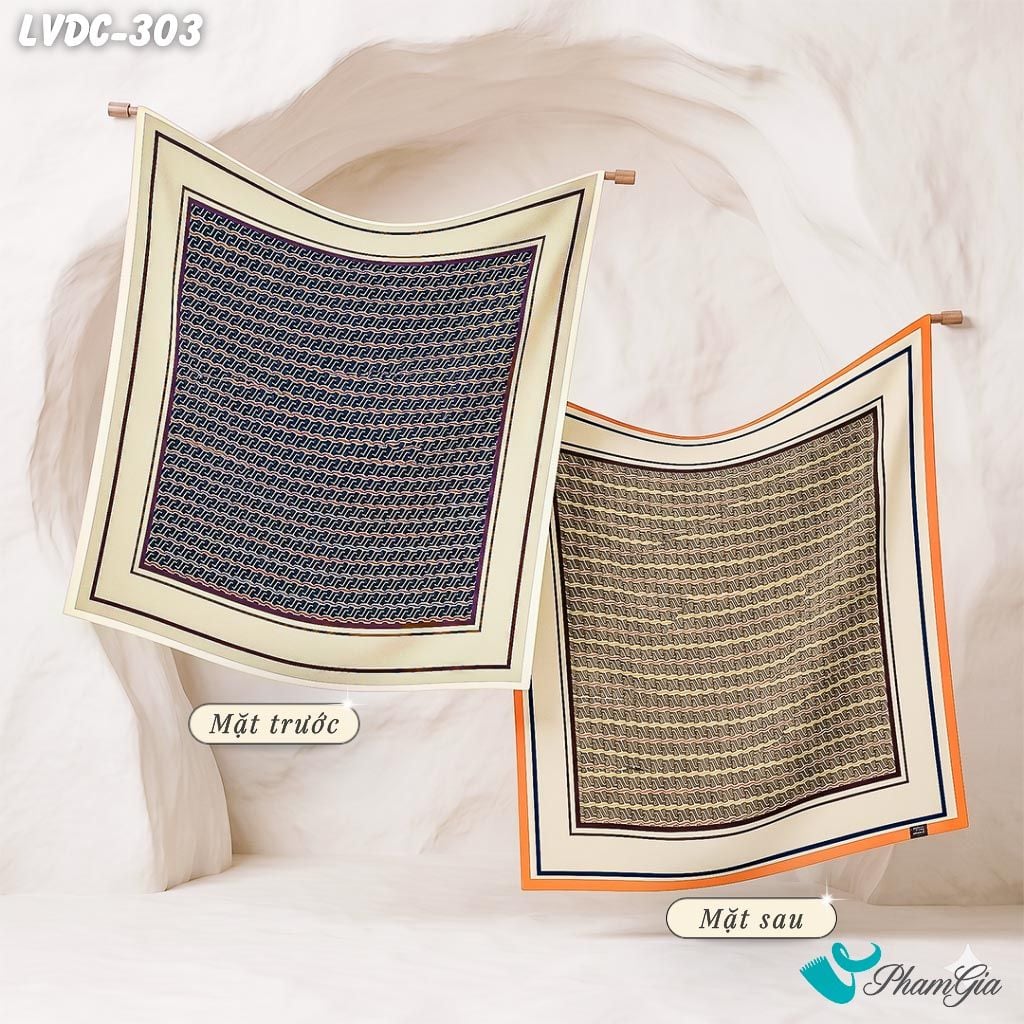 Khăn Lụa Vuông Đường Châu 88*88Cm 2 Mặt Cao Cấp Họa Tiết Monogram Màu Nâu Champagne Sang Trọng (LVDC303)