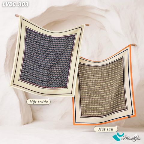 Khăn Lụa Vuông Đường Châu 88*88Cm 2 Mặt Cao Cấp Họa Tiết Monogram Màu Nâu Champagne Sang Trọng (LVDC303)