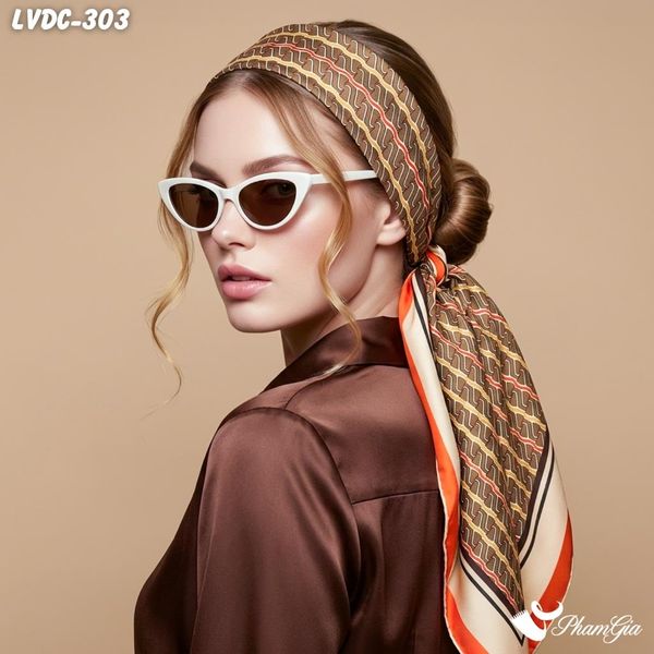 Khăn Lụa Vuông Đường Châu 88*88Cm 2 Mặt Cao Cấp Họa Tiết Monogram Màu Nâu Champagne Sang Trọng (LVDC303)