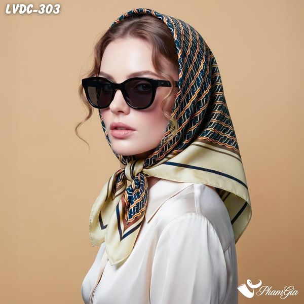 Khăn Lụa Vuông Đường Châu 88*88Cm 2 Mặt Cao Cấp Họa Tiết Monogram Màu Nâu Champagne Sang Trọng (LVDC303)