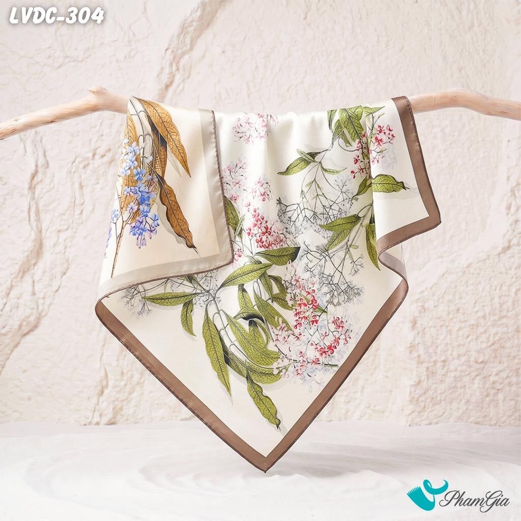 Khăn Lụa Vuông Đường Châu 88*88Cm 2 Mặt Cao Cấp Họa Tiết Hoa Lan Tây Màu Beige Diễm Lệ (LVDC304)